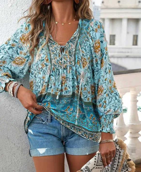 

Women's Chiffon Shirt Summer New Fashionable Leisure Vacation Style Flower Print V-Neck Strap Lantern Sleeve Loose Chiffon Shirt