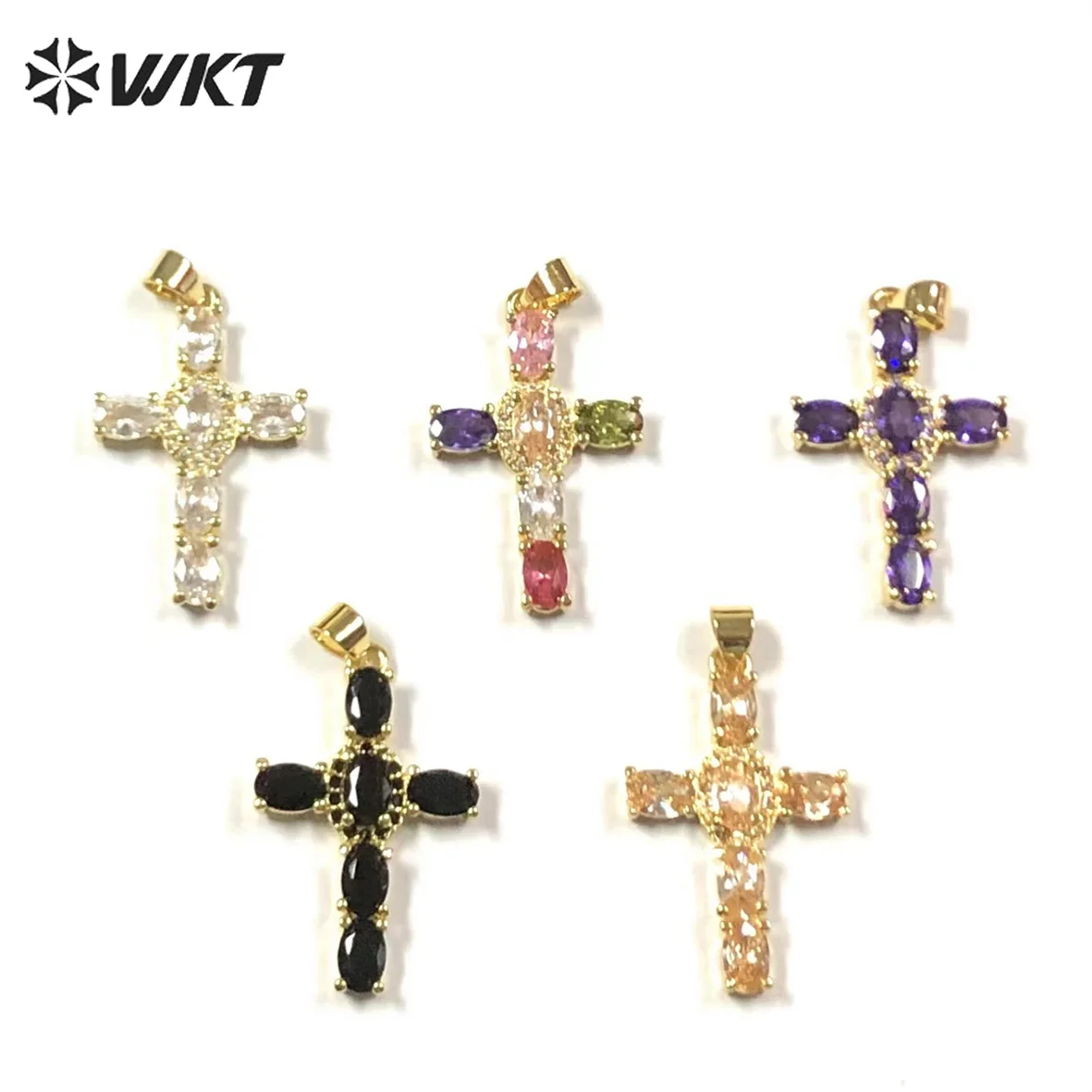 WT-MP246 Shiny Religious Pendant Jewelry Jesus Christianity Shiny Mircopave Oval Colorful Zircon Cross Pendant Multiple Colors