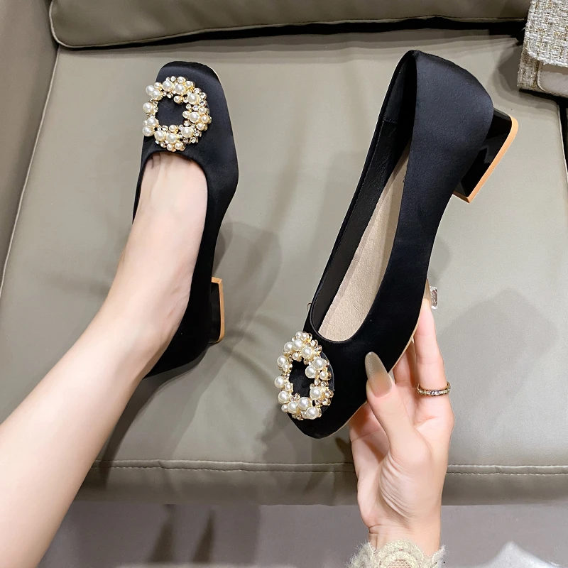 

Women Green Blue Shoes Silk Null Plain Flats Pointed Toe Slip-On with Crystal Buckle Shallow Mouth Cute Retro Heel Zapatos Mujer