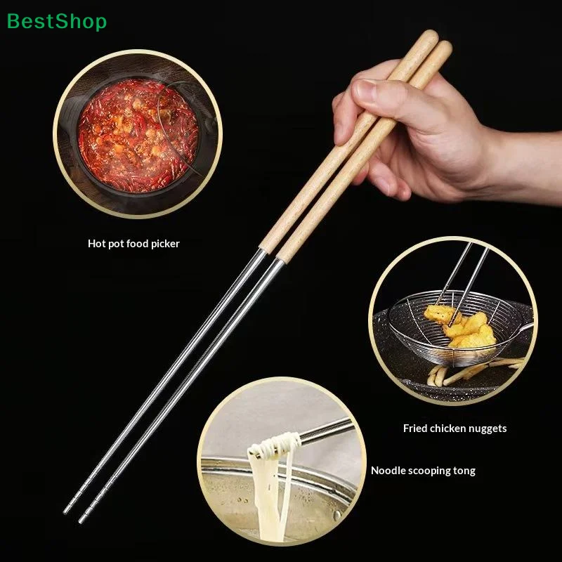 〔Z〕1 Pair Non Slip 304 Stainless Steel Chopsticks With Wooden Handles Extended Length Suitable For Home Restaurant And Hot Pot