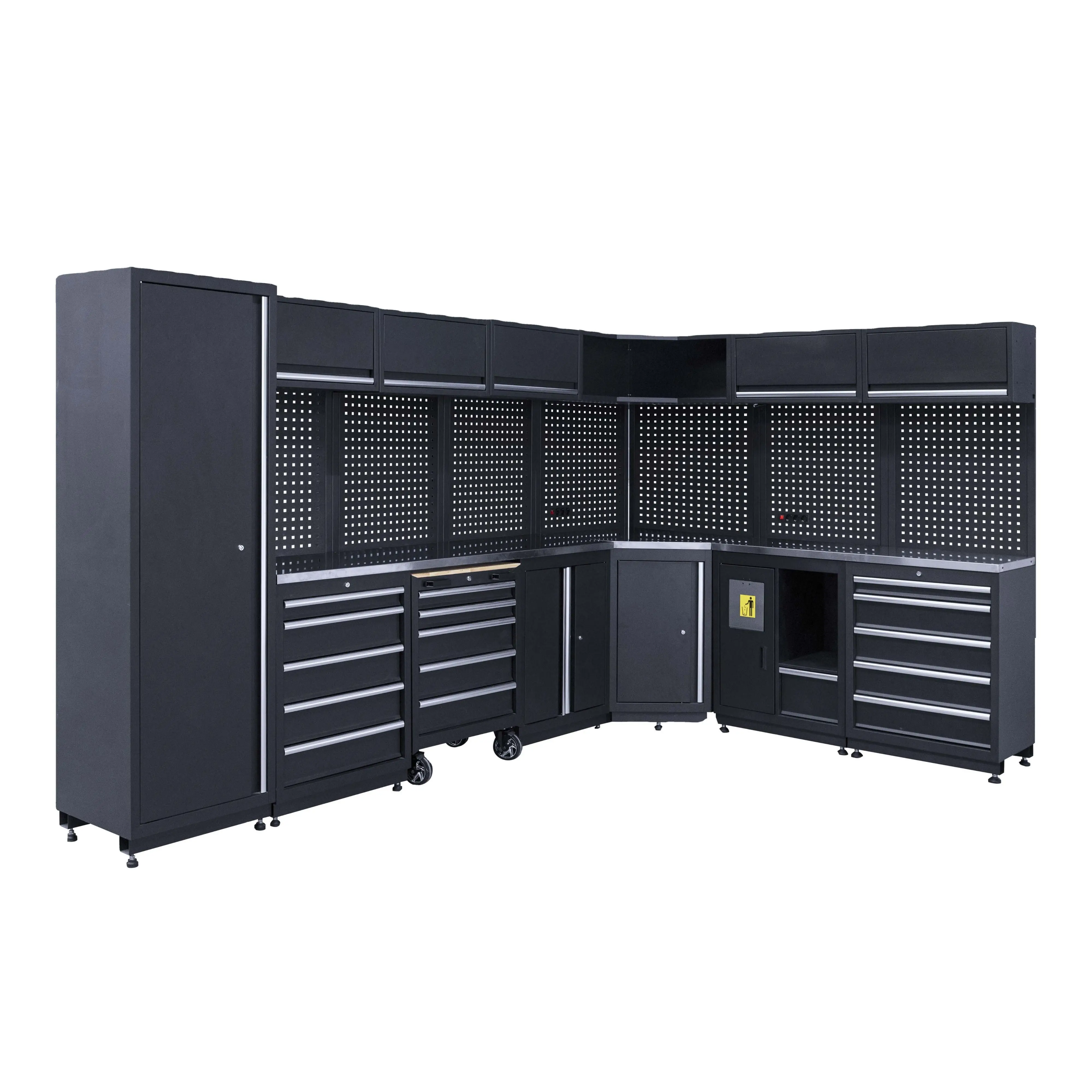 Corner Garage Tool Cabinet Workshop Storage Heavy Duty Steel Workbench Rolling Tool Chest Combo Workstation Organizer Unit