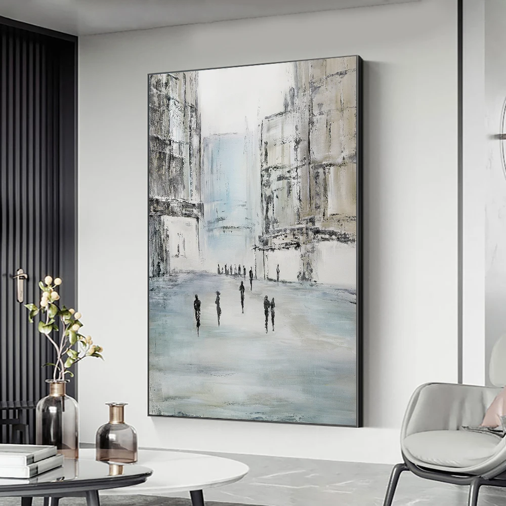 

Черно-белая картина маслом ручной работы абстрактная картина ходунки здание городской пейзаж Холст Настенная картина для современного декора гостиной