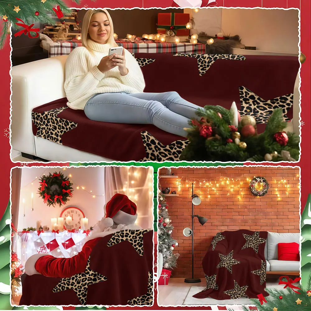 Leopard Star Burgundy Winter Summer Flannel Blanket Throw Fleece Soft Fuzzy Plush Cozy Fleece Blankets for Sofa Ideal Gifts