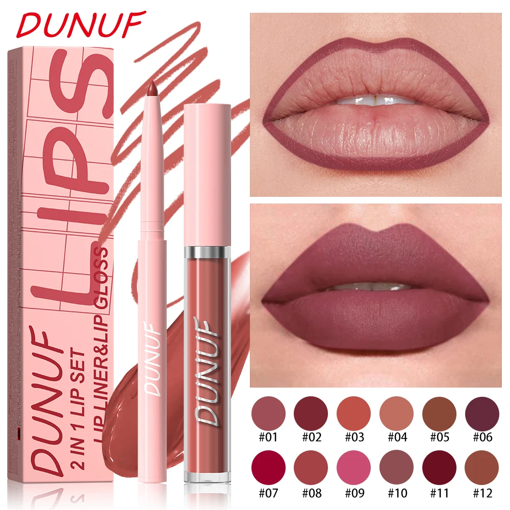 DUNUF 2 w 1, matowy błyszczyk do ust + zestaw kredek do ust Matte Nude Lip Liner Wodoodporna, długotrwała szminka w płynie Kontur ust dla kobiet