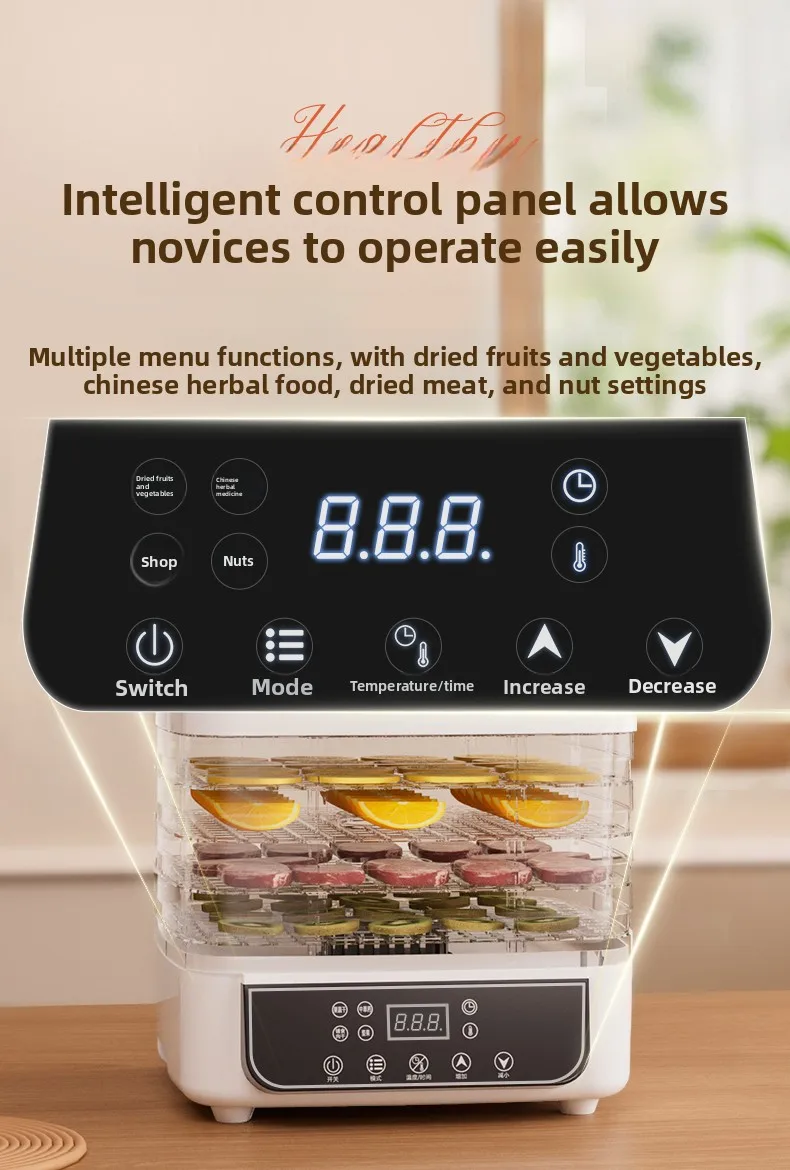 5-stufiger transparenter Lebensmittel-Dörrapparat, einstellbarer Timer & Temperatur, BPA-frei – für Obst/Kräuter/Getrocknetes, kompakt & leise, energiesparend – Detail 3