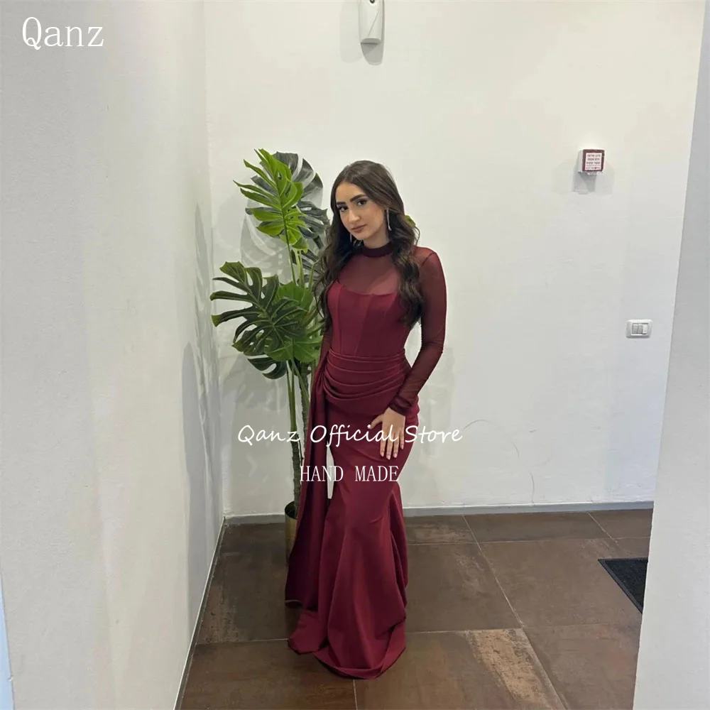 

Qanz Burgundy Satin Vestidos De Fiesta Elegantes Mermaid Sheer Long Sleeves Evening Dresses Women Party Prom Gown Customized