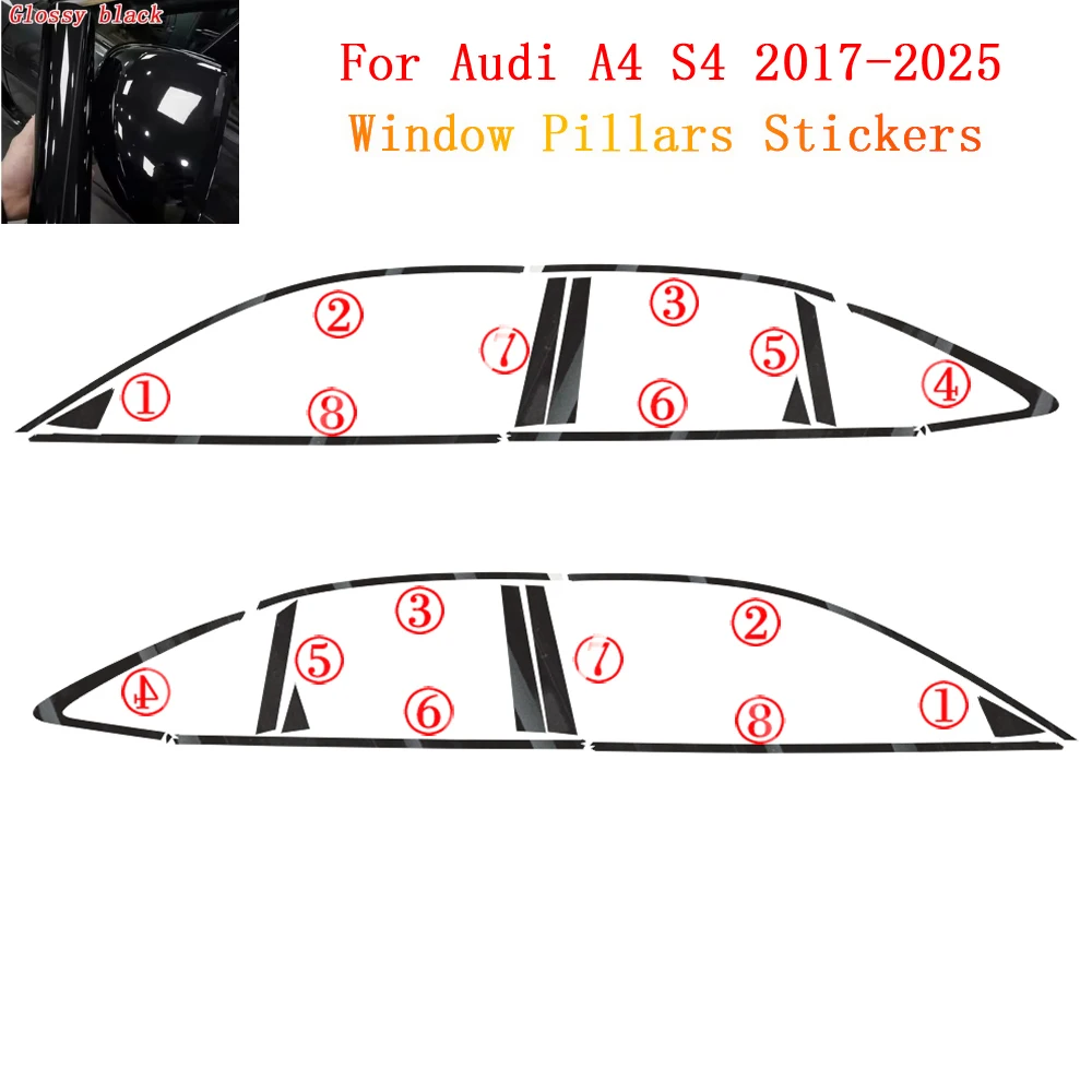 

Наклейки для удаления хромированных элементов оконных стекол и глянцевых черных наклеек на стойках ABC для Audi A4 S4 2017-2025