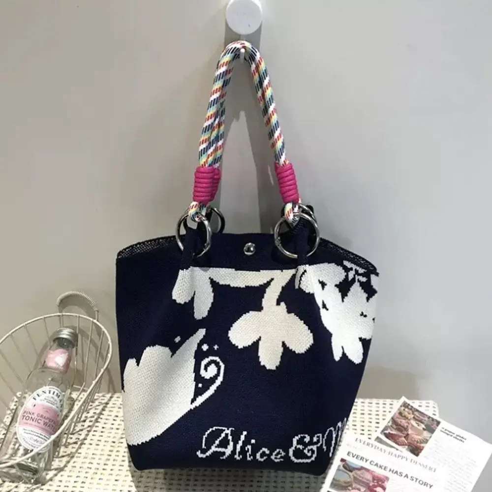 Mode Cartoon Gestrickte Eimer Tasche Handarbeit Gewebt Ring Schnalle Schulter Tasche Große Kapazität Handgelenk Tasche für Frauen Mädchen