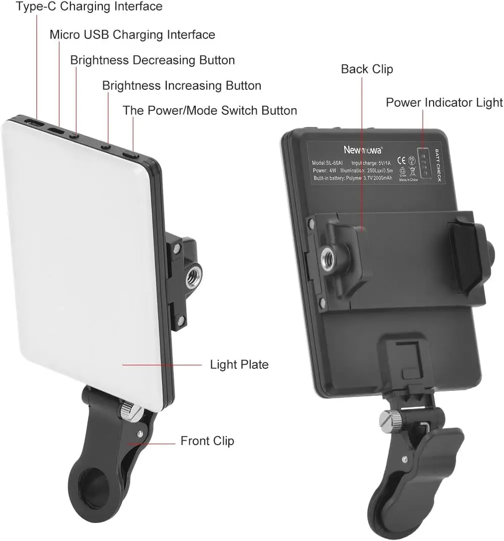 60 مشبك LED عالي الطاقة قابل لإعادة الشحن، ضوء مؤتمرات الفيديو مع مشبك أمامي وخلفي، 3 أوضاع إضاءة قابلة للتعديل
