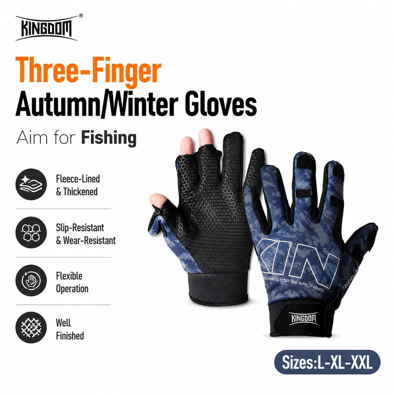 Kingdom Warm Winter Fishing Gloves Men Women 3-Finger Exposure  L XL XXL Non-Slip Outdoor Sports Running Hiking Fishing Gloves