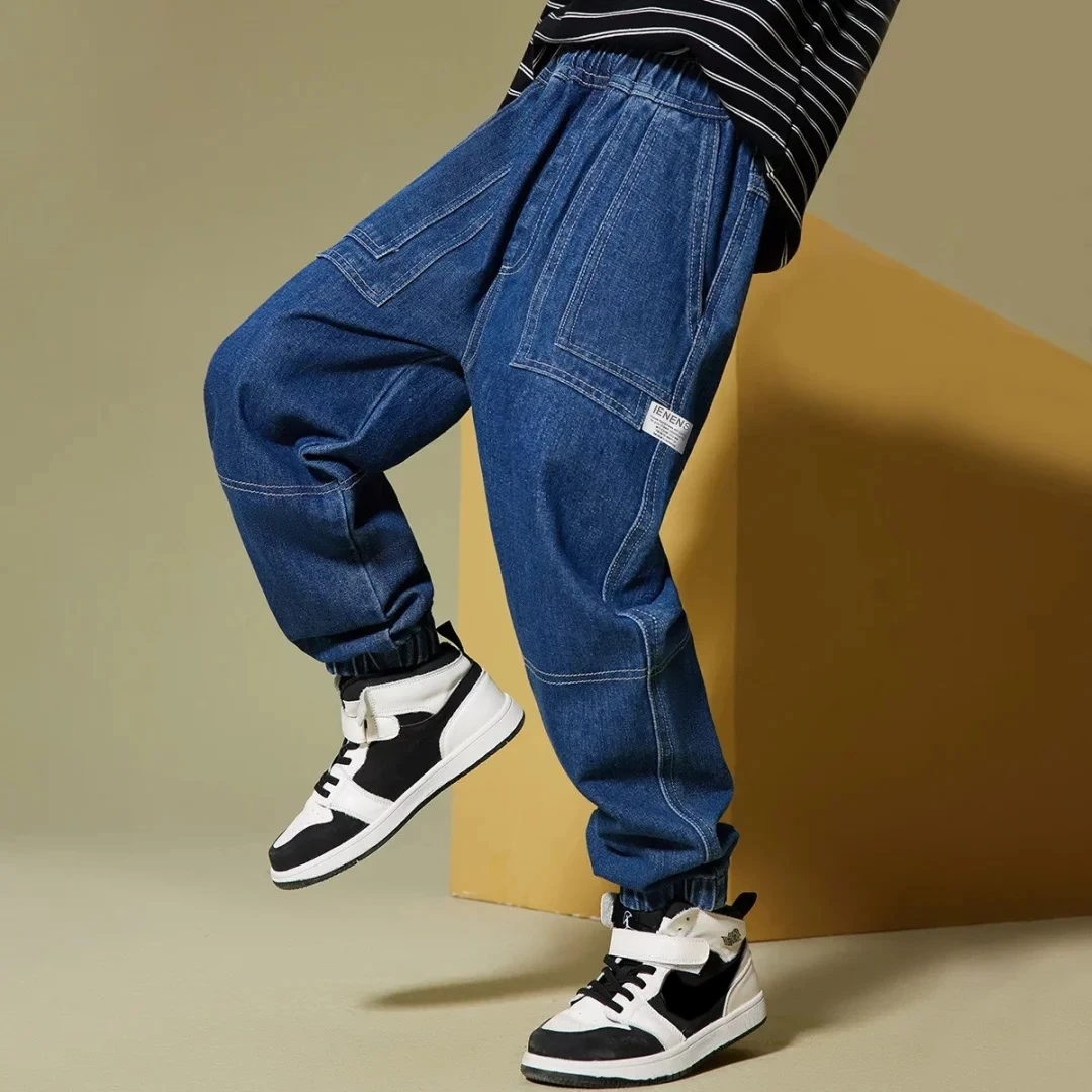IENENS Child Boys  Jeans Teens Casual Trousers 2024 New Elastic Waist Pants 4-11 Years Fashion Slim Denim Pants