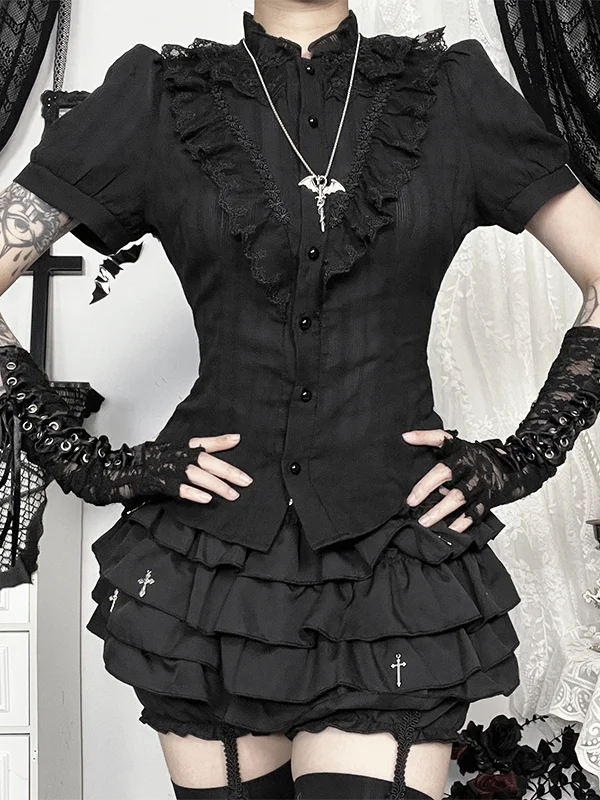 

Bla Lace Top Gothic Sle ort Skirt Cosplay Suit loween k Set Women's Cotton Summer Casual H-ape High Waist Skirt