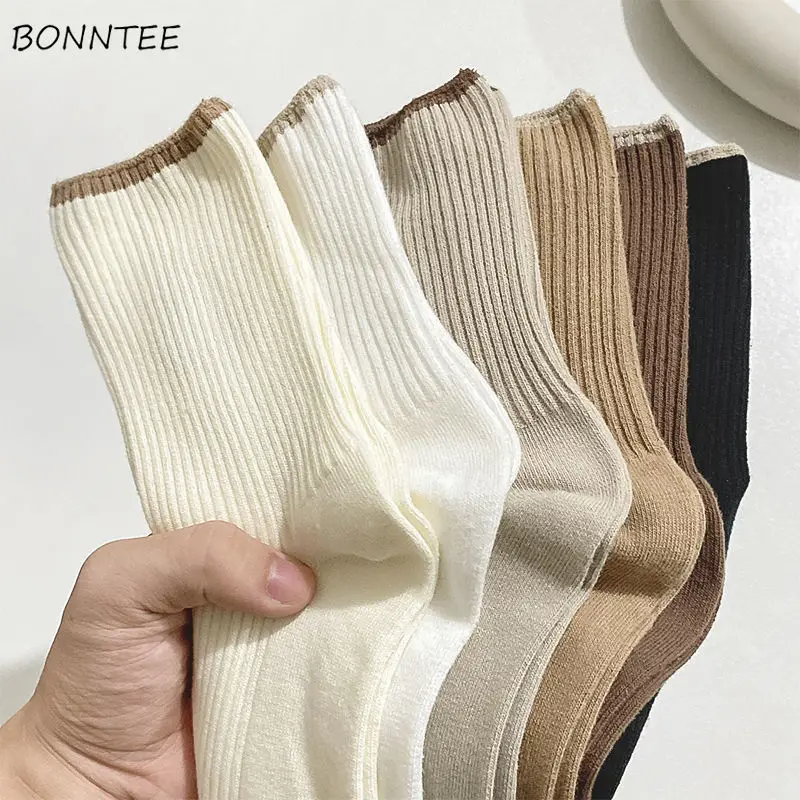 Socks Women Simple Basic All-match Patchwork New Design College Breathable Stretchy Retro Students Trendy Cute Japanese Style