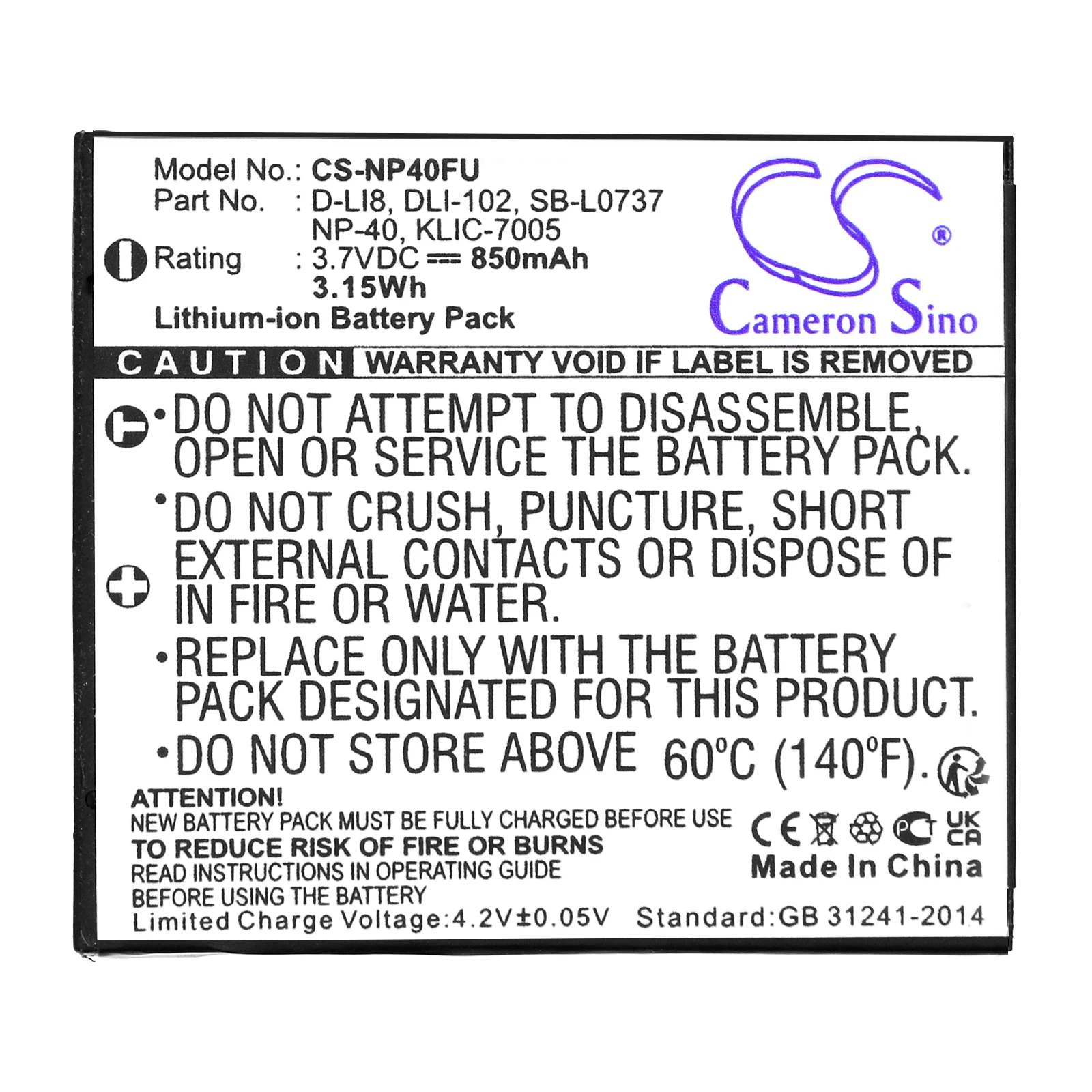CS Replacement Battery for Praktica Luxmedia 6105,Luxmedia 6403,Luxmedia 6503,Luxmedia 7105,Luxmedia 7203 PN: 850mAh / 3.15Wh