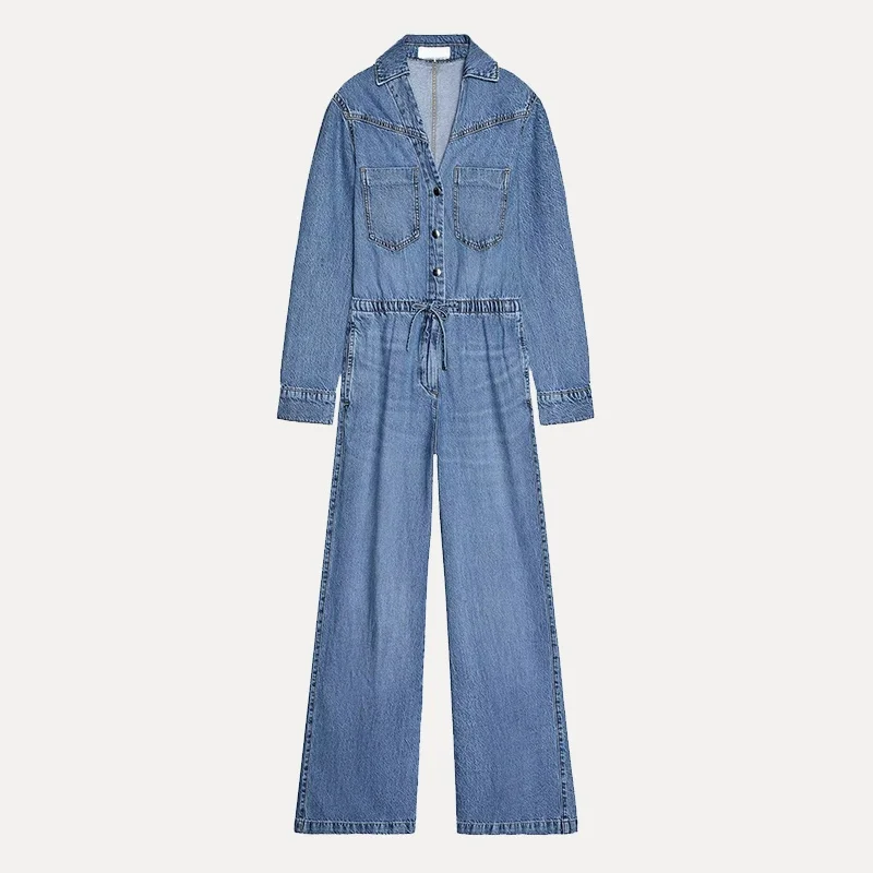 

Модный джинсовый комбинезон с регулируемой талией для женщин, с высокой талией, длинными брюками прямого кроя, для повседневной носки, из полиэфирного волокна