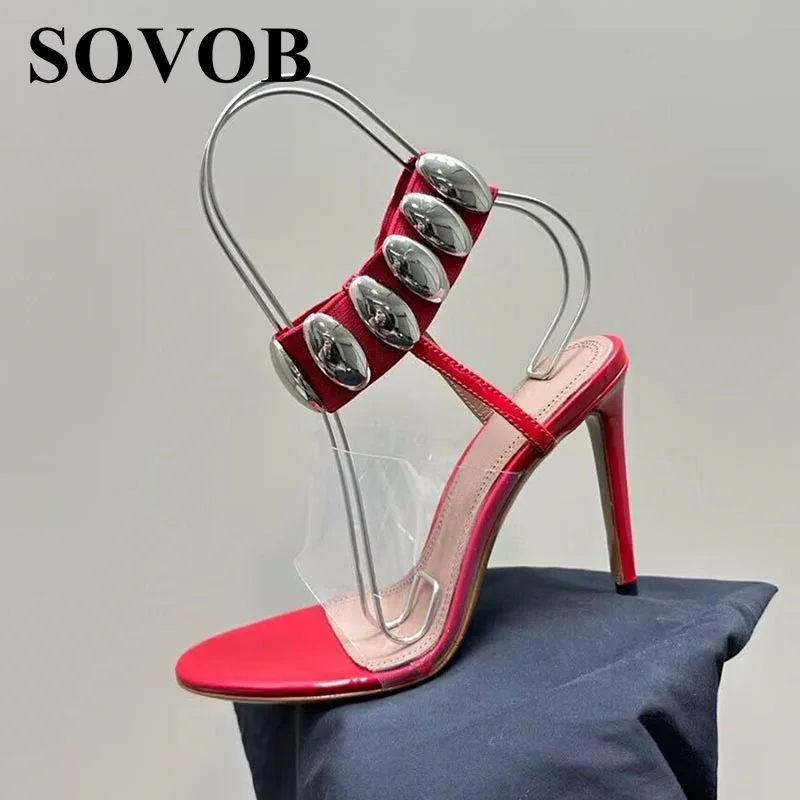 

Women's Pvc Metal Decorative Slim Heel Sandals Women's Ankle Elastic Band Elegant Sandalias Summer Banquet Dress Shoes 2024