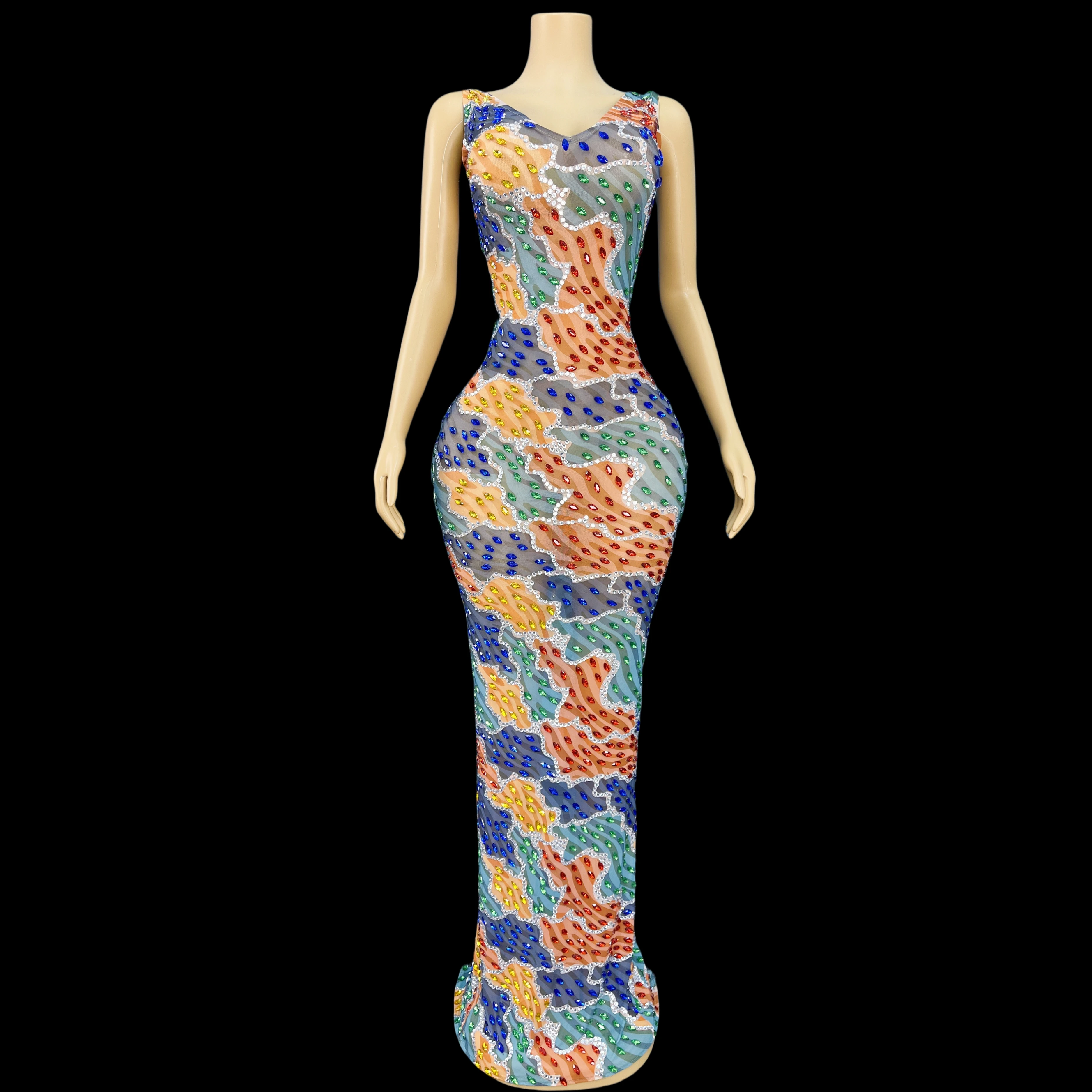 

New Fashion Colour Block Pattern Design Shiny Rhinestone Slim Fit Mesh Dress Evening Dress Show Red Carpet Outfit Bolangban