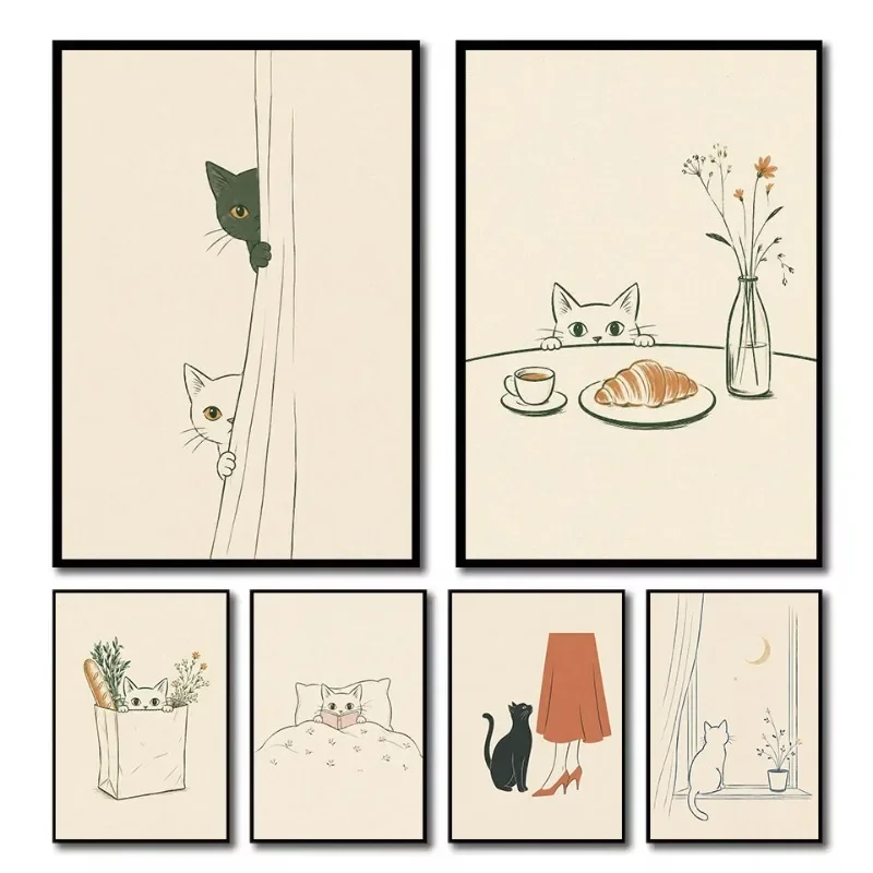 Minimalist Cat Line Sketch Croissant Grocery Bag French Kitchen Poster Canvas Painting Wall Art Pictures Home Bedroom Decor