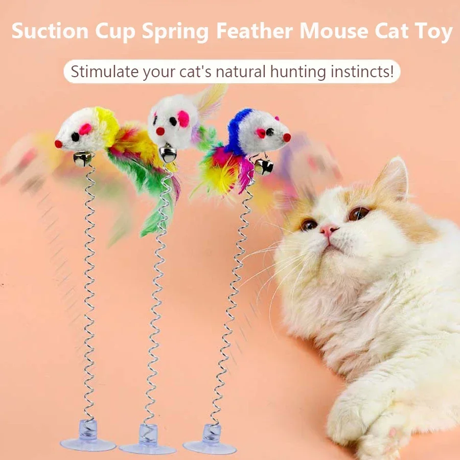 Interactive Swinging Mouse Toy for Cats with Suction Cup Spring Feather Design And Bell Sound Feature