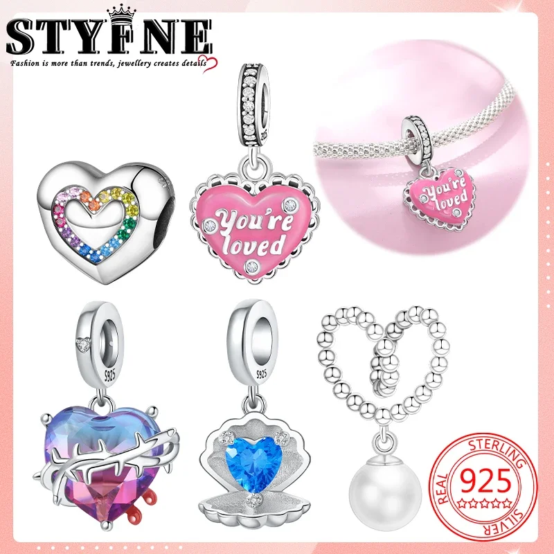 Hearts Love Beads 925 Sterling Silver Heart Tassel Pearls, Pink Heart Shaped Cake, Blue Heart Shell Charms Bracelets Jewelry