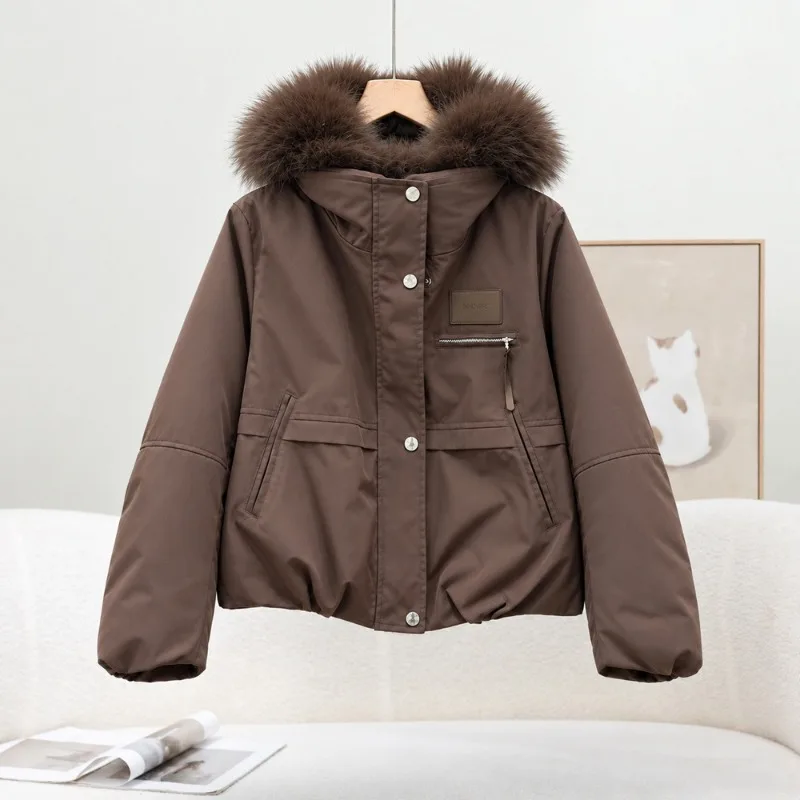 Winter Warm Detachable Faux Fur Parka Jacket Warm Women Short Quilted Padded Coat Drawstring Waist Thickened Windproof Outerwear