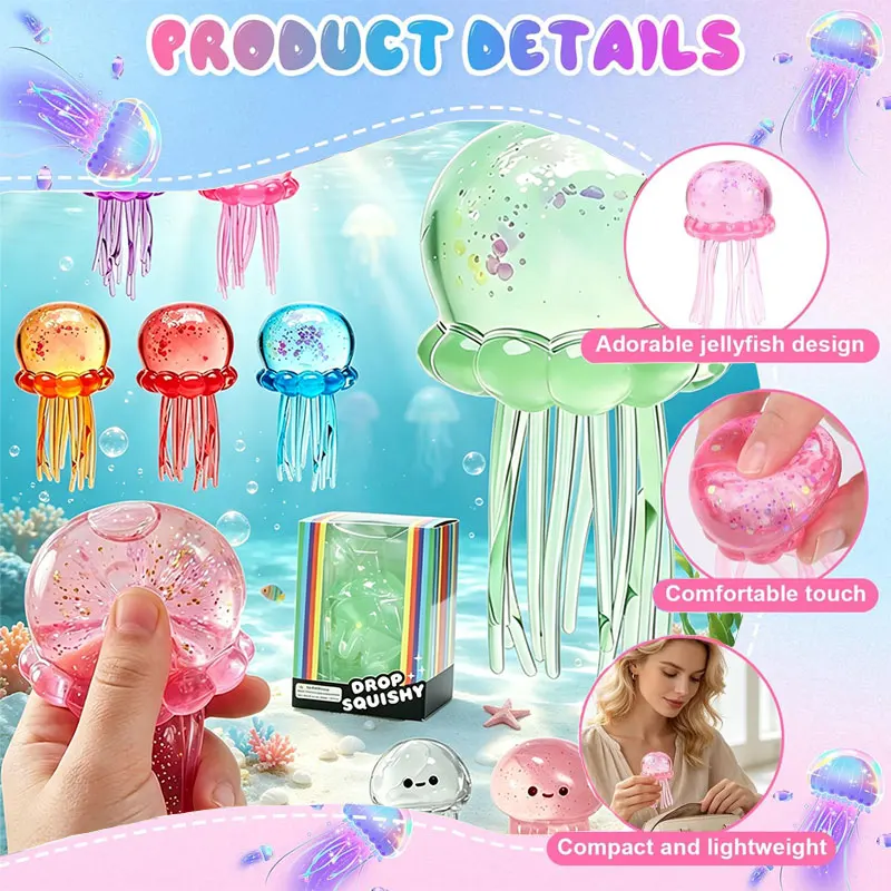 Ocean Style Transparent Jellyfish Squishy Glitter Sequins Soft Jelly Squeeze Stress Ball Toy Slow Rising Anxiety Relief Toy Gift
