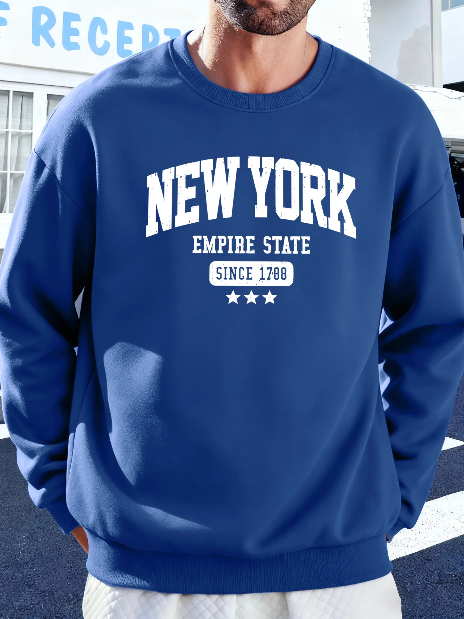 New York Empire State seit 1788 Druck Herren Pendelsweatshirt Fleece Bequemer Pullover Weicher lockerer Kapuzenpullover O-Ausschnitt Freizeitkleidung