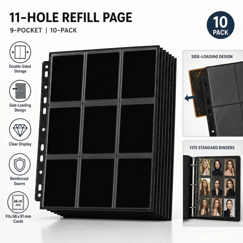 10Pcs 9-Pocket A4 Trading Card Binder Page Side-Loading Double-Sided Card Album Refill Page Reinforced Seams Transparent