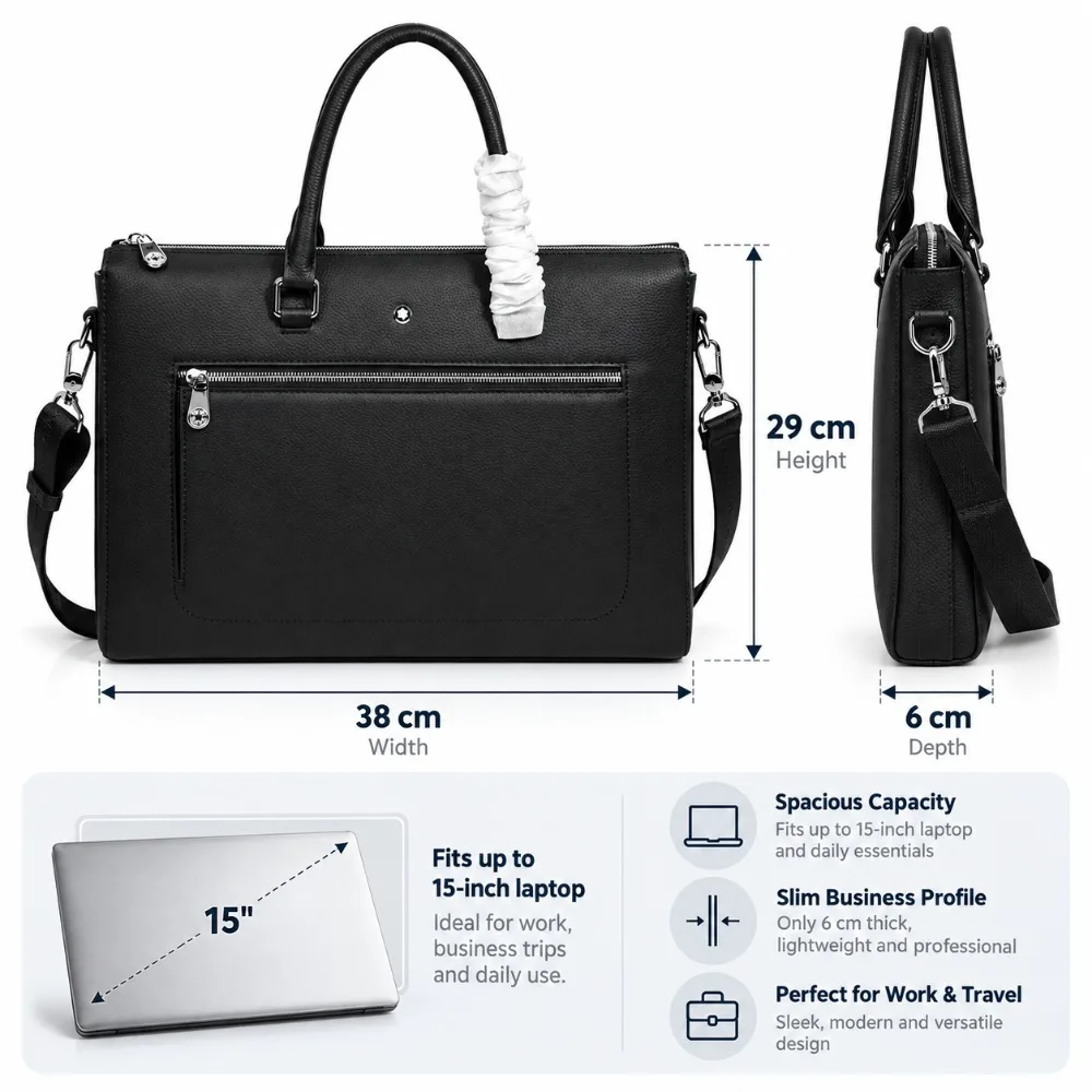 Luxury Men's Top-Handle Bags Business Laptop Briefcase Black Textured Handbag Zipper Pocket Office Travel Shoulder Bag for Men