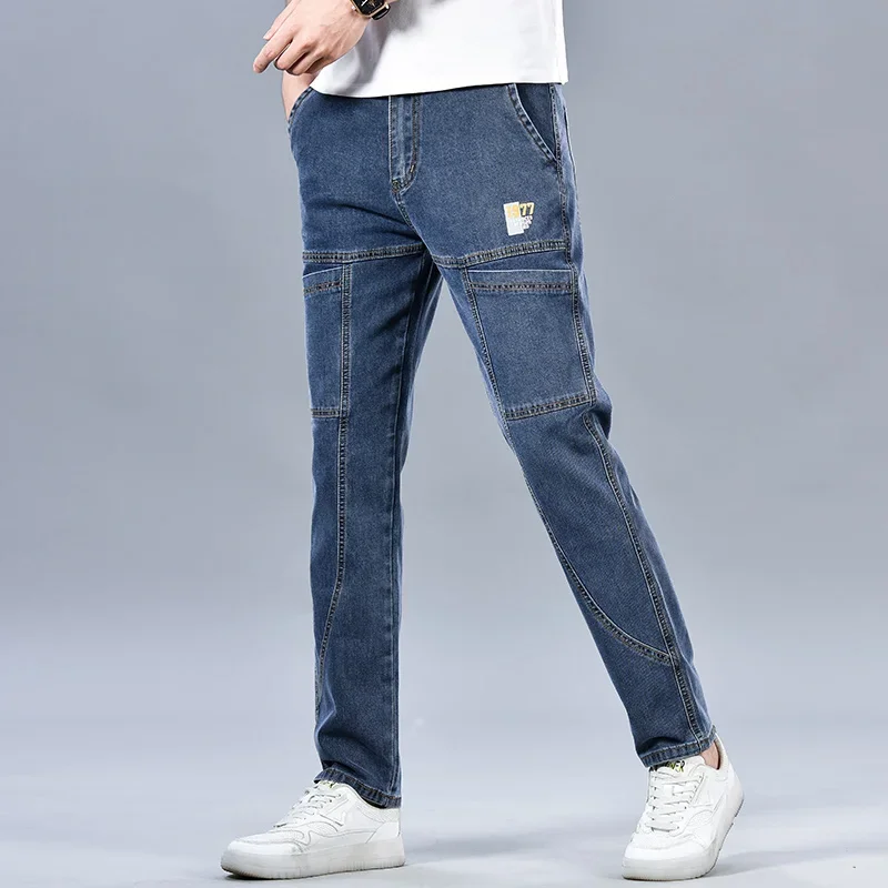 Design Jeans Men's Autumn New Multi-Pocket Fashion Stretch Straight Cotton Casual Denim Trousers Brand Clothing Male Blue Black