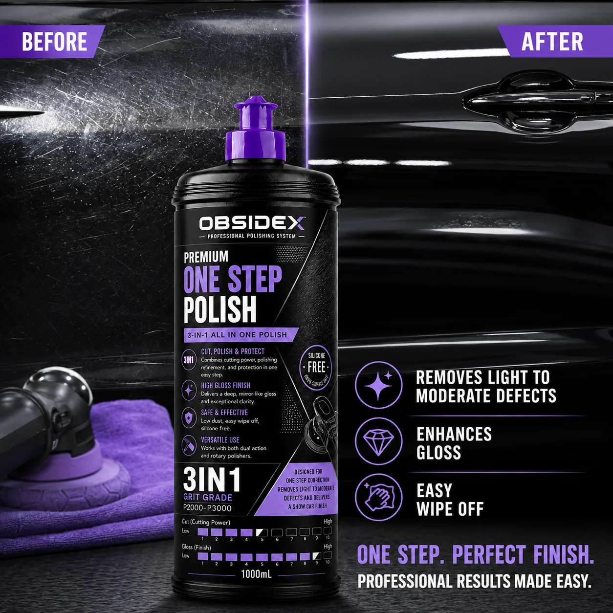 OBSIDEX Premium One Step Polish – 3‑in‑1 Cut, Polish & Protect, Swirl & Oxidation Remover, Mirror Gloss Finish