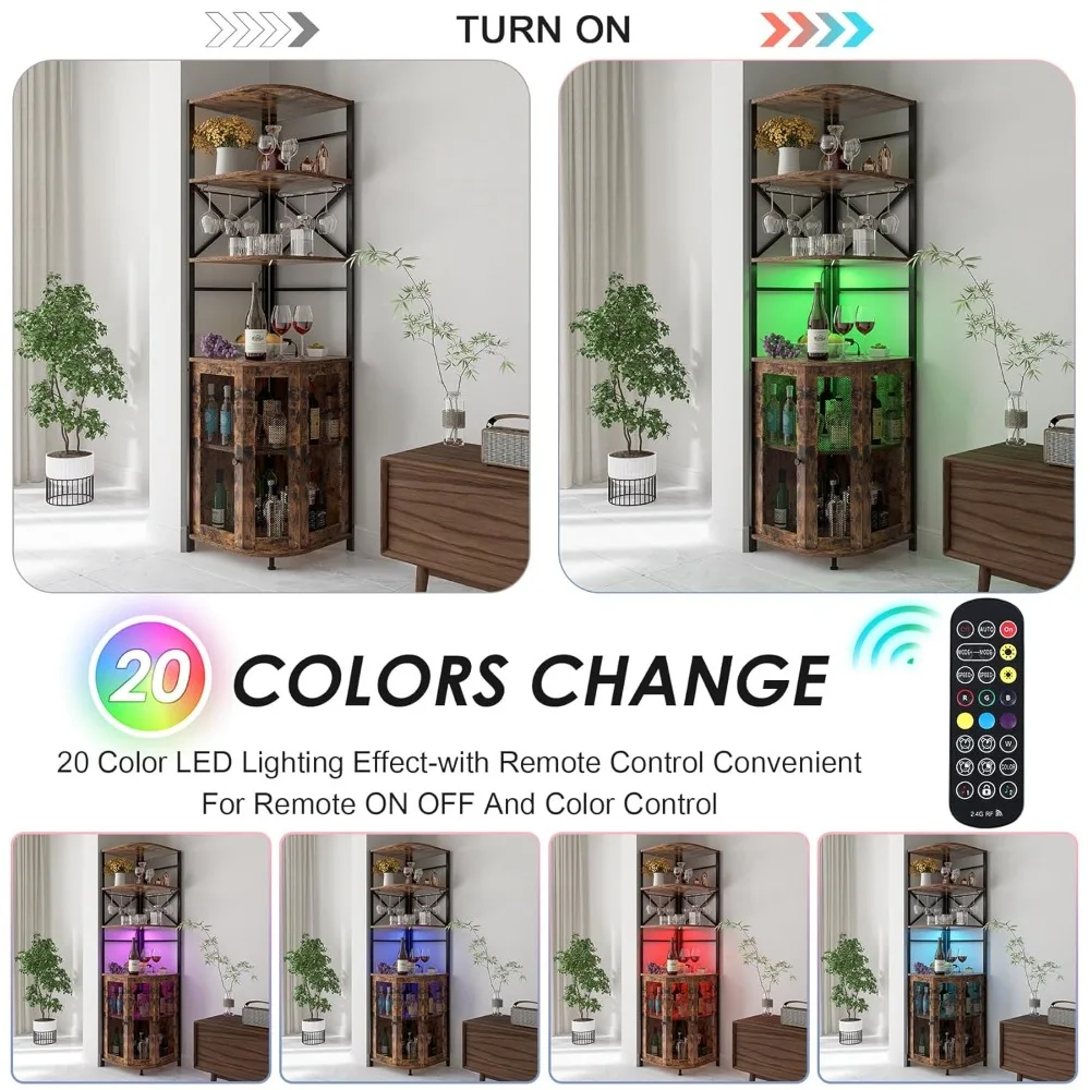 Armoire à vin avec prise de courant, armoire à vin industrielle à 6 niveaux avec éclairage LED et porte-verre, coin vin, personnalisé