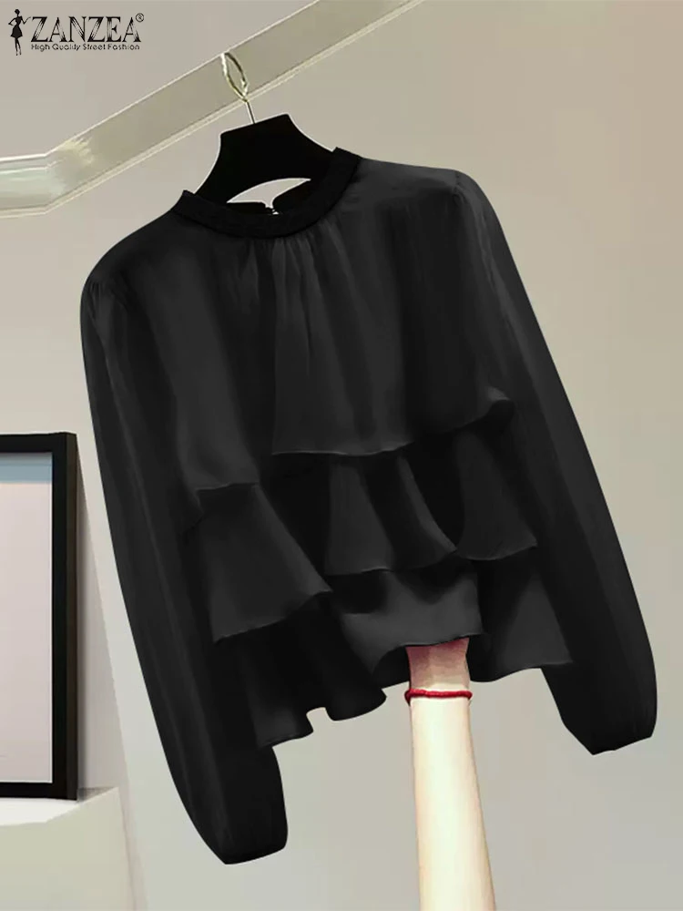 Fashion Chiffon Chemises ZANZEA Women Solid Blouse 2024 Autumn Long Puff Sleeve Tunics Vintage Multi-Ruffled Stitching Chic Tops