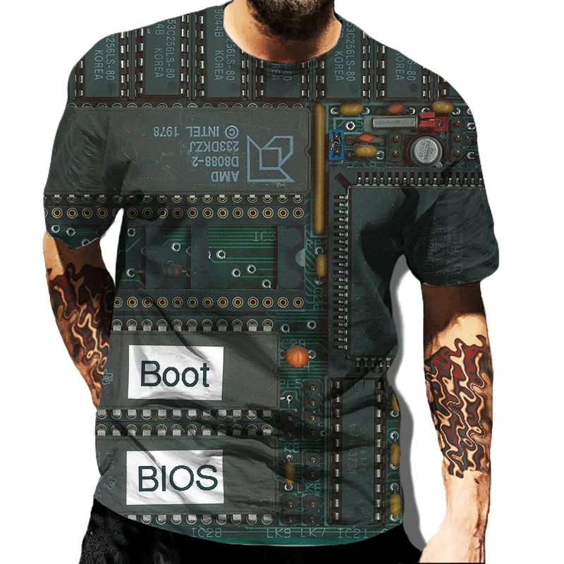 3D Print Circuit Board Electronic Chip T Shirt For Men Summer Casual Cool Short Sleeve Tee Top Streetwear Oversized T-shirt