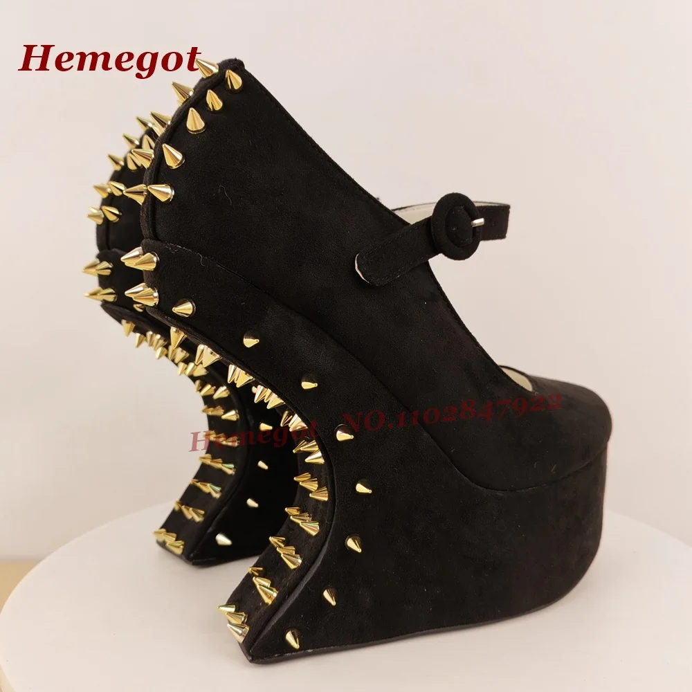 

Женские туфли-лодочки Strange Style с заклепками, круглым носком, на платформе, с ремешком и пряжкой, черные замшевые, сексуальные, в стиле подиумной моды, 2026