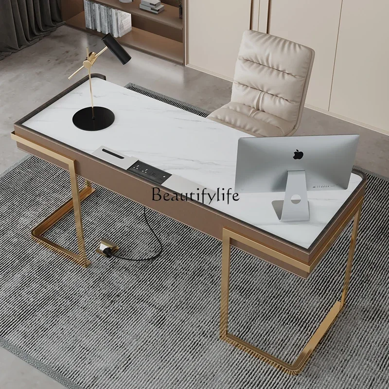 yj9 Meja kerja dari kulit sadel dengan desain batu, mewah ringan, modern, dan simpel