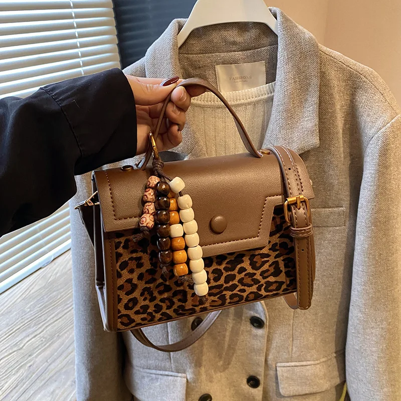 Early Spring New Leopard Print Bag Women's Highend Handbag Small Square Korean Version Frosted Suede Shoulder Crossbody Bag