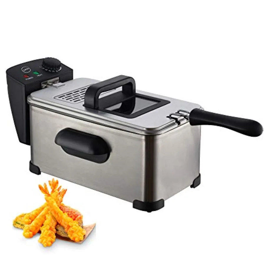 

Deep Fryer with Basket Stainless Steel Easy to Clean Cool Touch Handles Adjustable Temp Clear Vent Silver