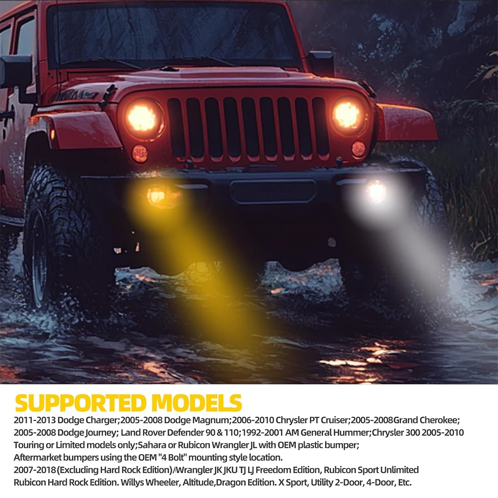 2Pcs 4 Inch Dual‑Color LED Fog Light Assembly, White Yellow Switchable Off‑Road Lamp Accessories for Jeep Wrangler JL JLU 4xe JT