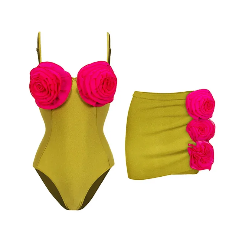 Vrouwen Sexy 3d Bloem Een Stuk Badpak Halter Badmode Push-Up Strandjurk Zomer Monokini Rok Badpak