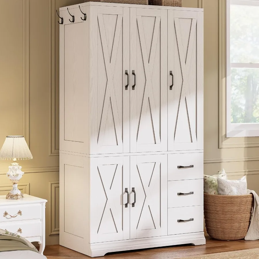Large-capacity deep armoire with 5 cabinet doors and 3 drawers designed for bedroom storage featuring a hanging rod 3 side hook