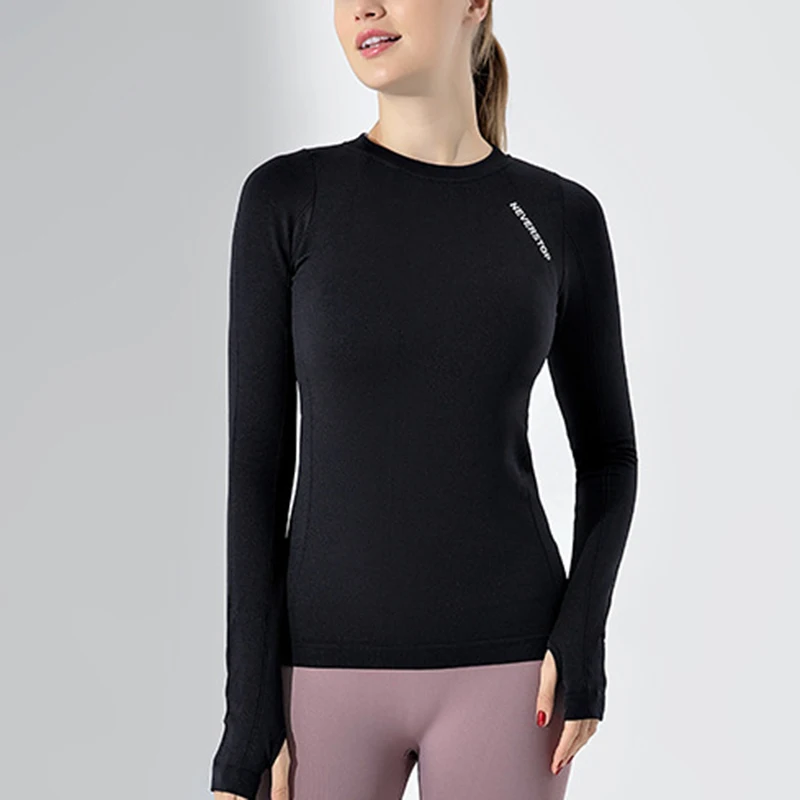 Women Long Sleeve Yoga Shirts Round Neck Fitness Crop Top Running Tight Sports T-shirt With Thumb Hole Quick Dry Workout Clothes