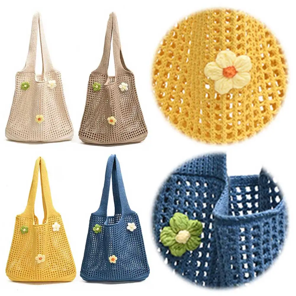 

Women Knitted Tote Bag Crochet Shoulder Bag Large Capacity Fashion Tote Handbags with Flower Decor Outdoor Travel Bag