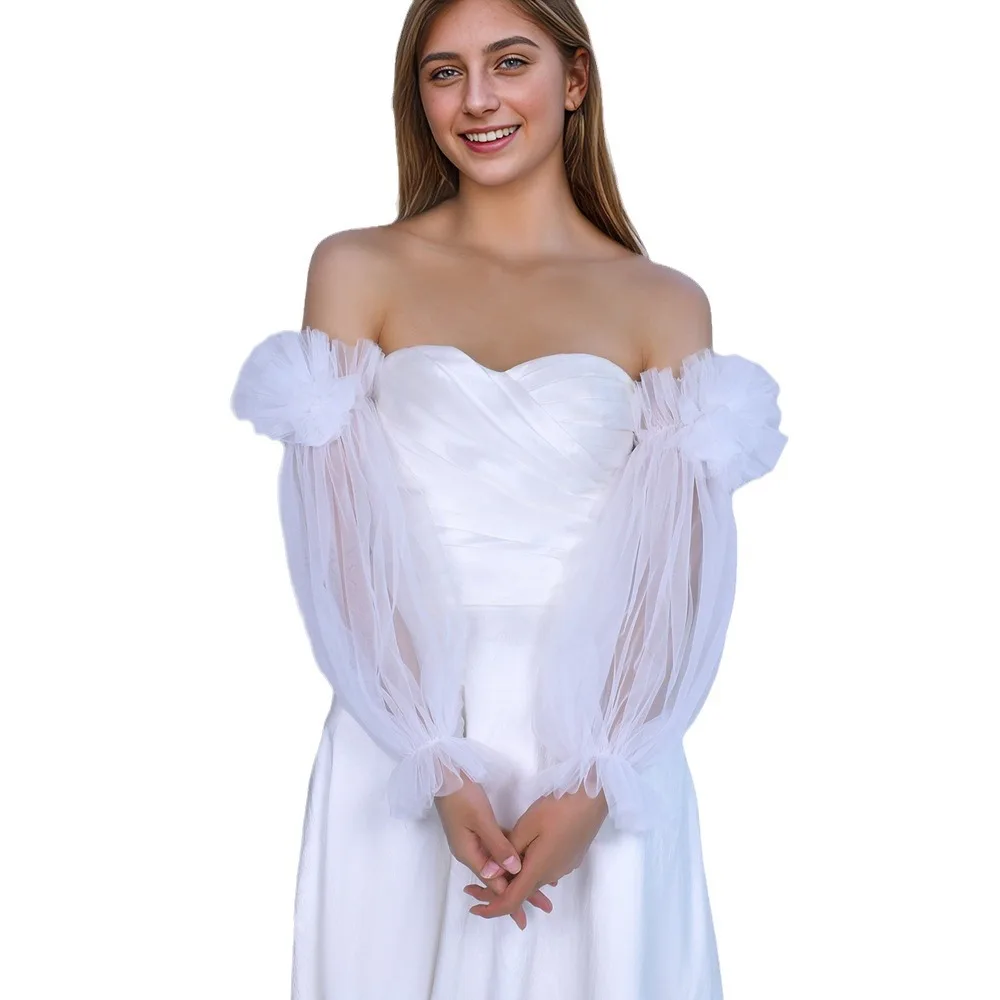 فستان زفاف بأكمام العروس، أكمام شبكية على شكل زهرة يغطي الذراع بدون حمالات، إكسسوارات الزفاف