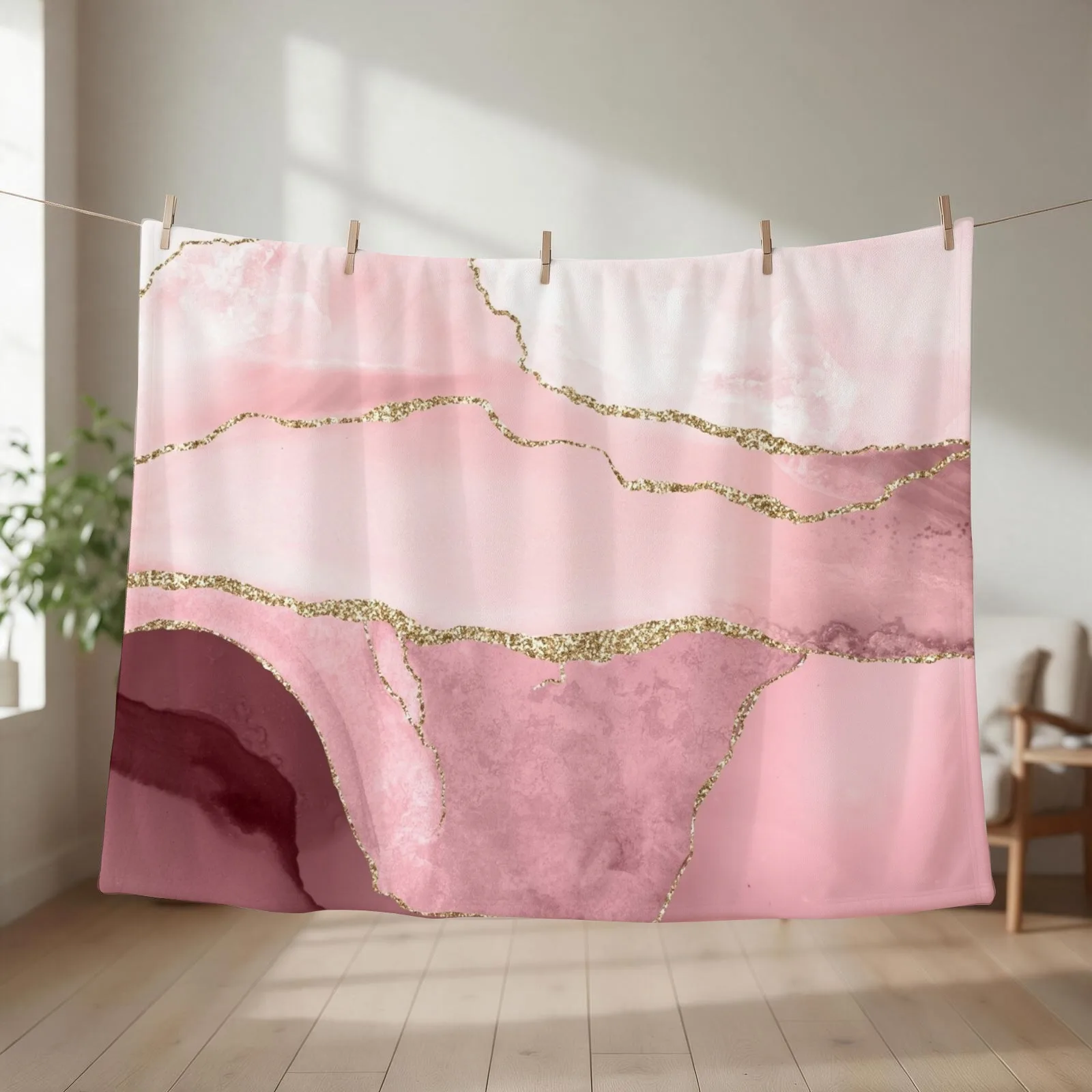 Watercolor Agate, Blush Pink Burgundy Faux Gold Veins Throw Blanket Flannels Beach christmas gifts funny gift Blankets