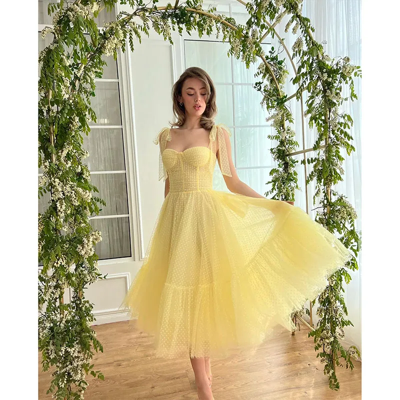 Robe de Rhplissée en tulle jaune clair, bretelles spaghetti, longueur de thé, robe de graduation ligne A pour fête