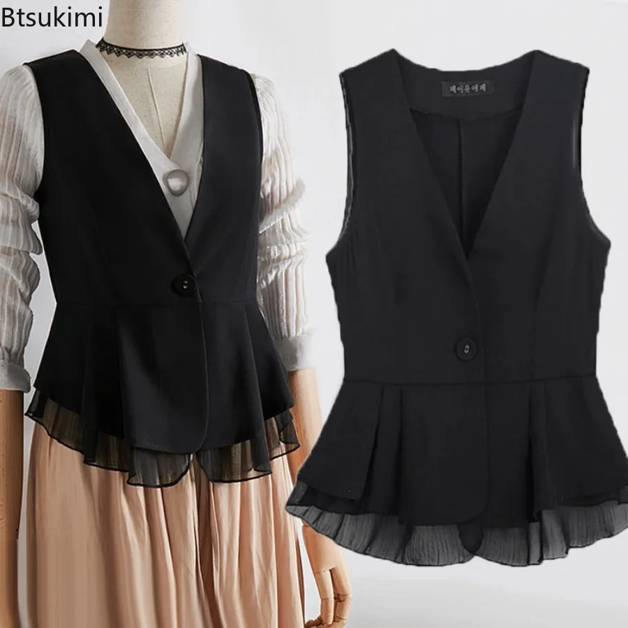 New Women V Neck Chiffon Ruffle Vest Sleeveless Slim Fit Single Button Lightweight Casual Tank Top Daily Party Fashion Suit Vest