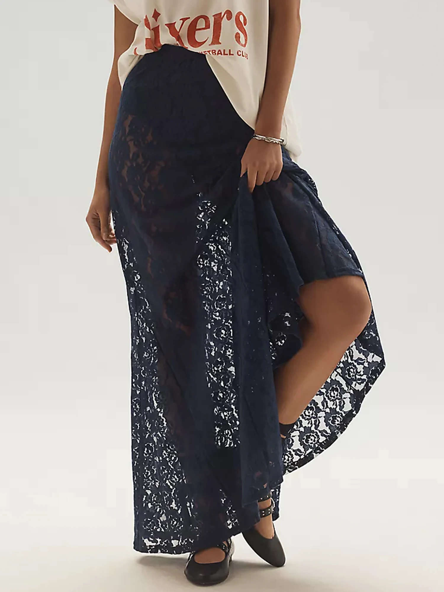 

Women Sheer Lace Skirts Flower Elastic Waist See Through Long Skirt Causal Streetwear