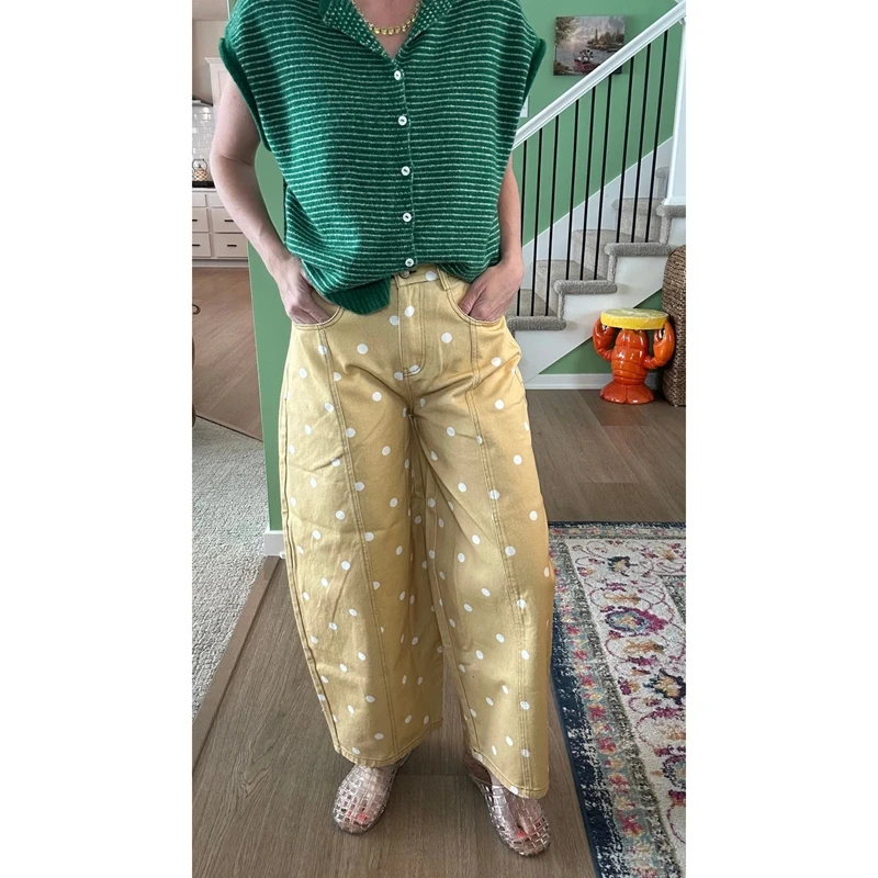 Polka Dots Print Loose Fit Barrel Jeans Women Y2K Low Rise Baggy Denim Pants Vintage Wide Leg Ruched Boyfriend Jeans Streetwear