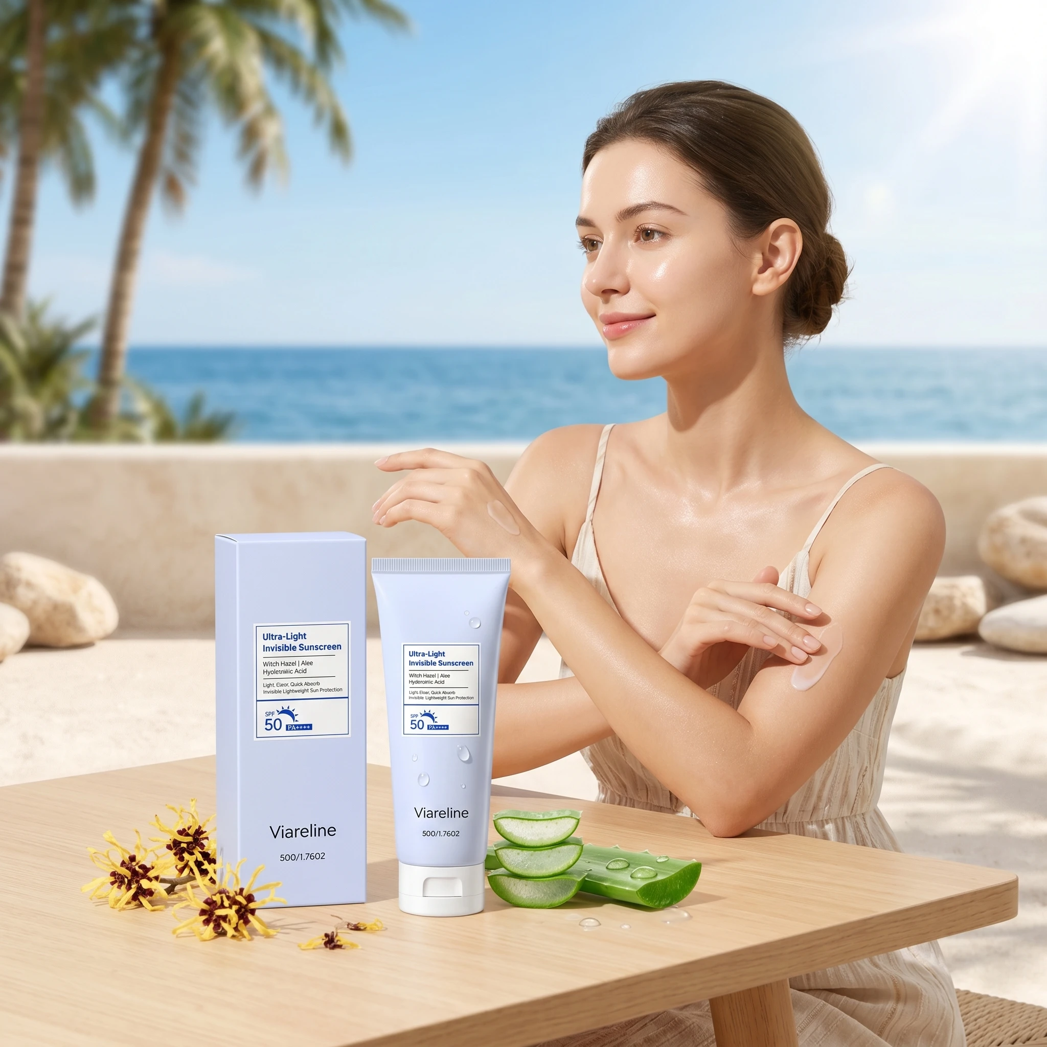 Viareline Ultra-Light Invisible Sunscreen Spf50 Anti UV Protection Waterproof Skin Care Moisturizer Quick Absorb Aloe Sunscreen